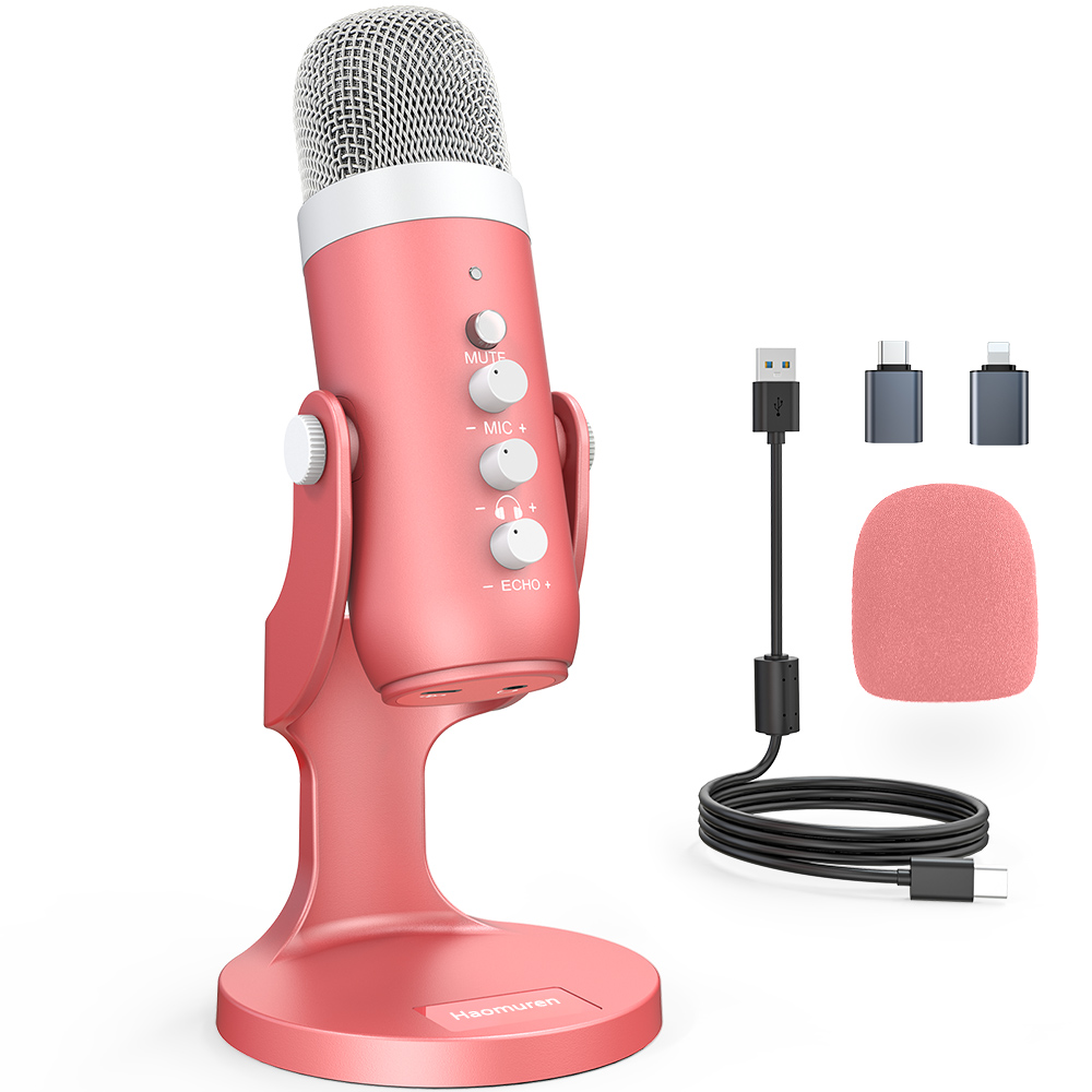 Streaming Mic Condenser - Haomuren USB-Kondensatormikrofon, rosa Studio-Aufnahmemikrofon für PC,